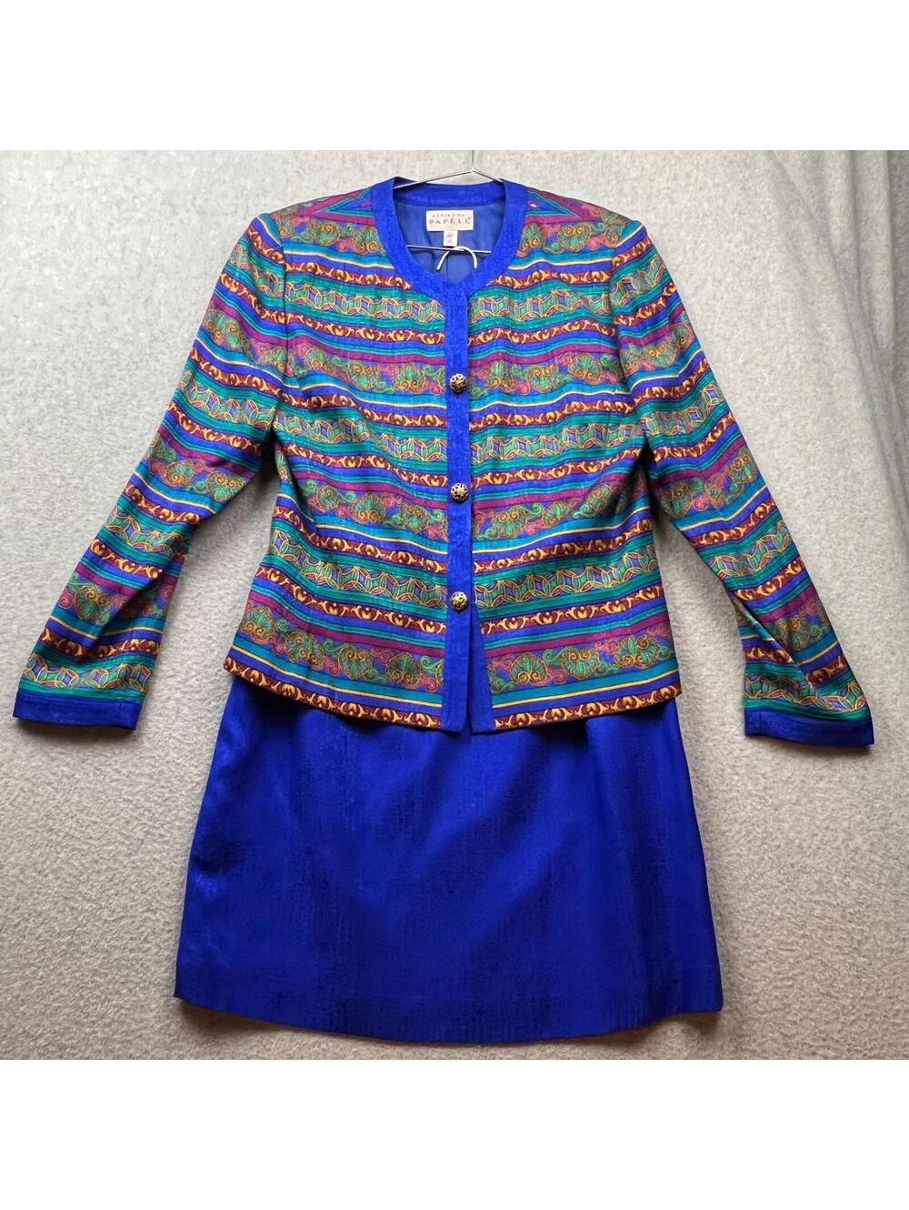 Vintage Adrianna Papell Womens Silk Pencil Skirt Suit Blazer Size 12 90's Career